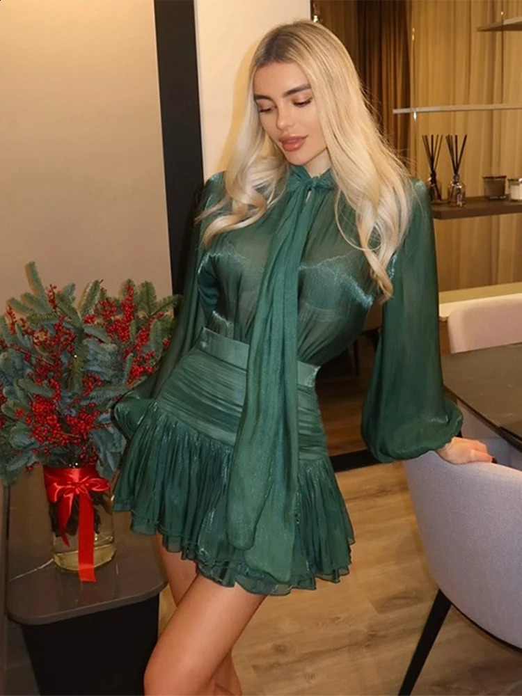 Elegant Flounce Mini Skirts Suits Women Loose Lace Up Bow Long Sleeves Shirts Sets Female 2025 Spring Solid Set 2 Pieces 250811