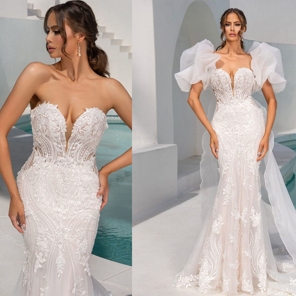Elegant Wedding Dresses Appliques Strapless Bridal Gowns with Cape Mermaid Sleeveless Princess Customized Bride Vestidos De Novia Plus Size