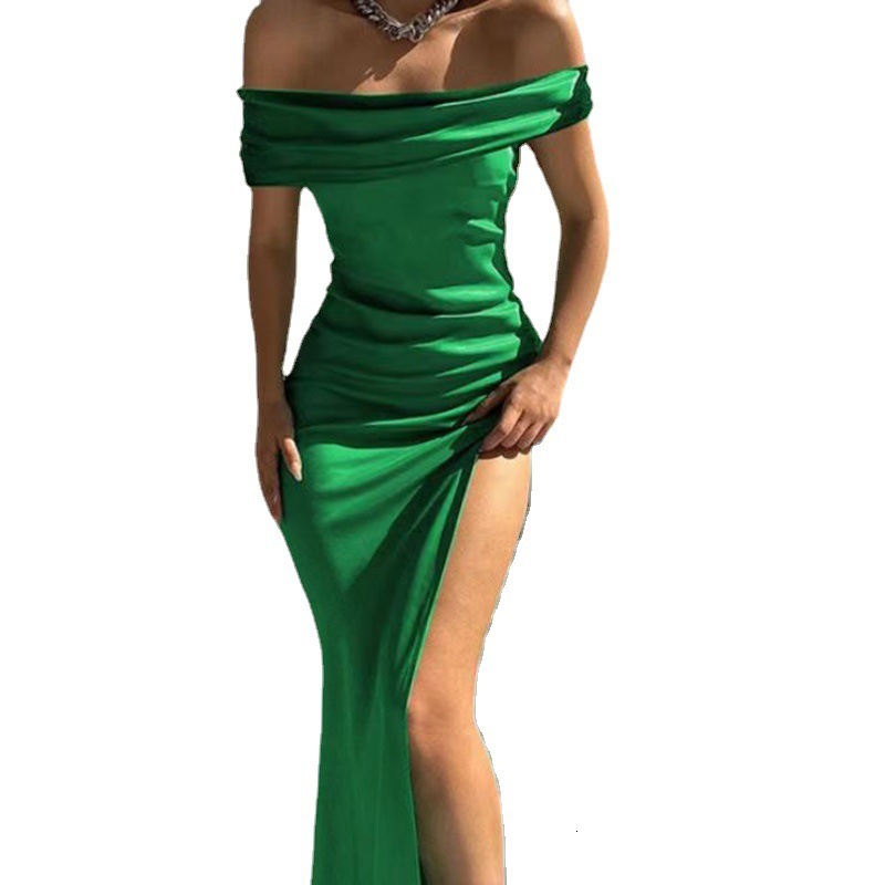 2025 Summer New Women's European and American New Dress Solid color Short sleeved trend Medium length Off Shoulder Dress Sexy Evening Dress New D