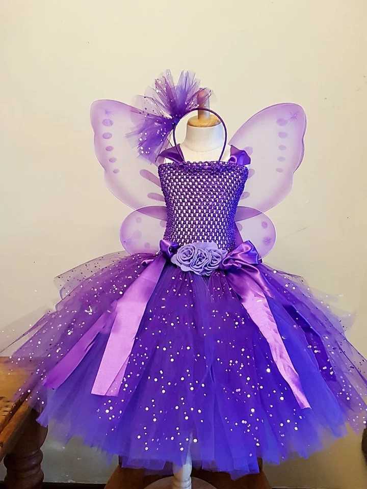 Girls Purple Butterfly Flower Tutu Dress Kids Glitter Tulle Dress Ball Gown with Wings Children Birthday Party Costume Dresses W250811