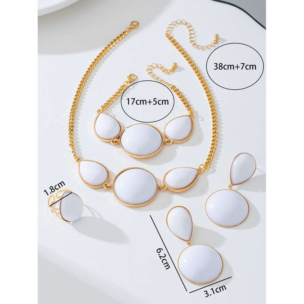 A of Fashionable Elegant Geometric Water Drop Round Inlaid Necklace Earrings Bracelet Ring Women's Jewelry Set