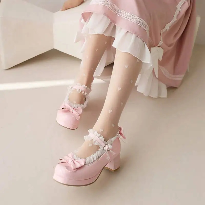 REAVE CAT Lolita Pumps Women Round Toe Block Heel 5cm Platform 1.5cm Buckle Strap Bowknot Lace Sweet Girls Shoes Big Size 48 250805