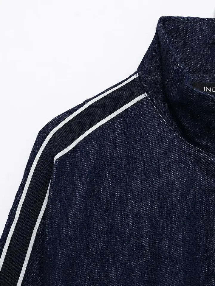 TRAFZA Women High Street Denim Set Side Stripe Stand Collar Zipper Jacket LaceUp Pant Spring Fashion Casual Female 250811