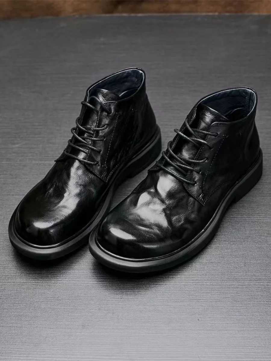 Mens Casual Fashion Leather Boots Round Toe Orthopedic Boots Flat Boots Trendy Boots Warm Lace-up Rubber Outsole W250811