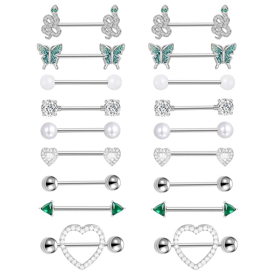 9 Pairs Nipple Rings 14G Stainless Steel Heart Butterfly Snake Ball Emerald Triangle CZ Barbell Tongue Rings Set Cute Body Piercing Jewelry for Women 