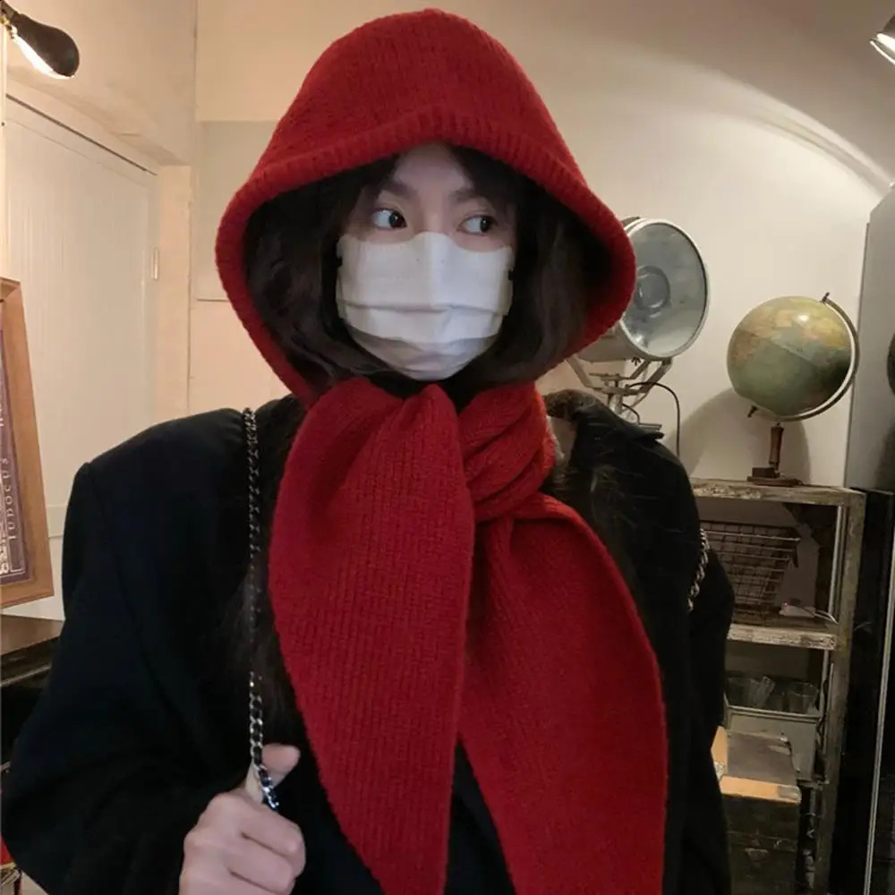 Winter Women Hooded Hat Knitting Wool Warm Balaclava Beanies Skullies For Female Girl Solid Color Outdoor Cold-proof Bonnet 250808