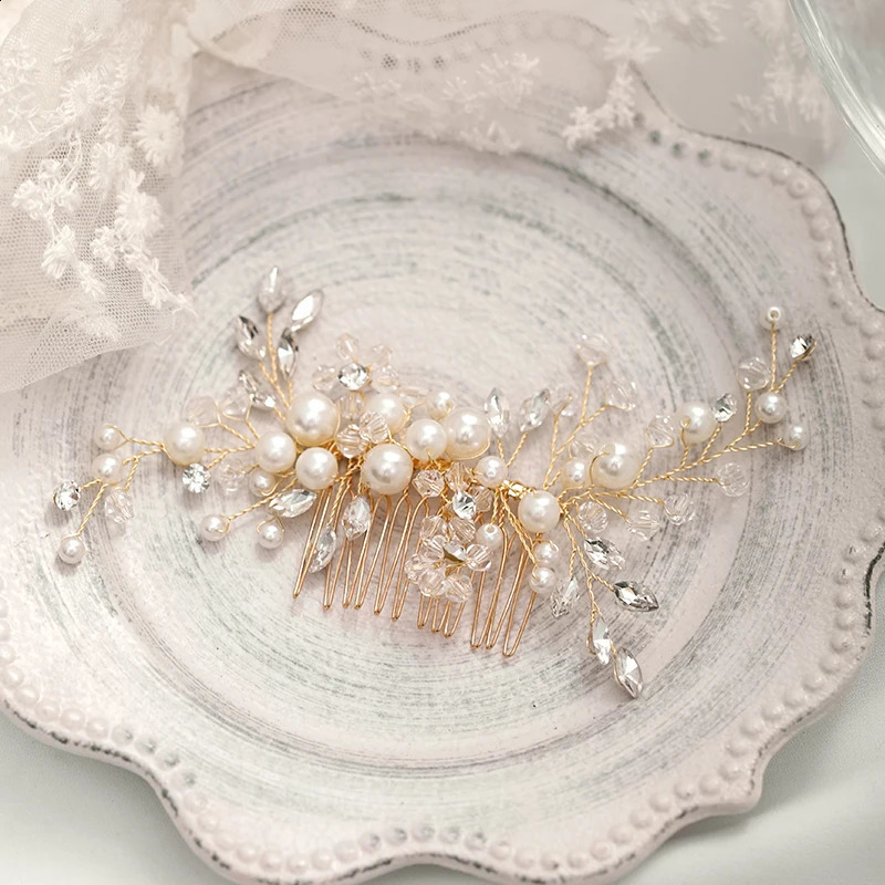 Trendy Gold Pearl Crystal Tiara Wedding Hair Combs Accessories for Bridal Headpiece Women Jewelry 250804