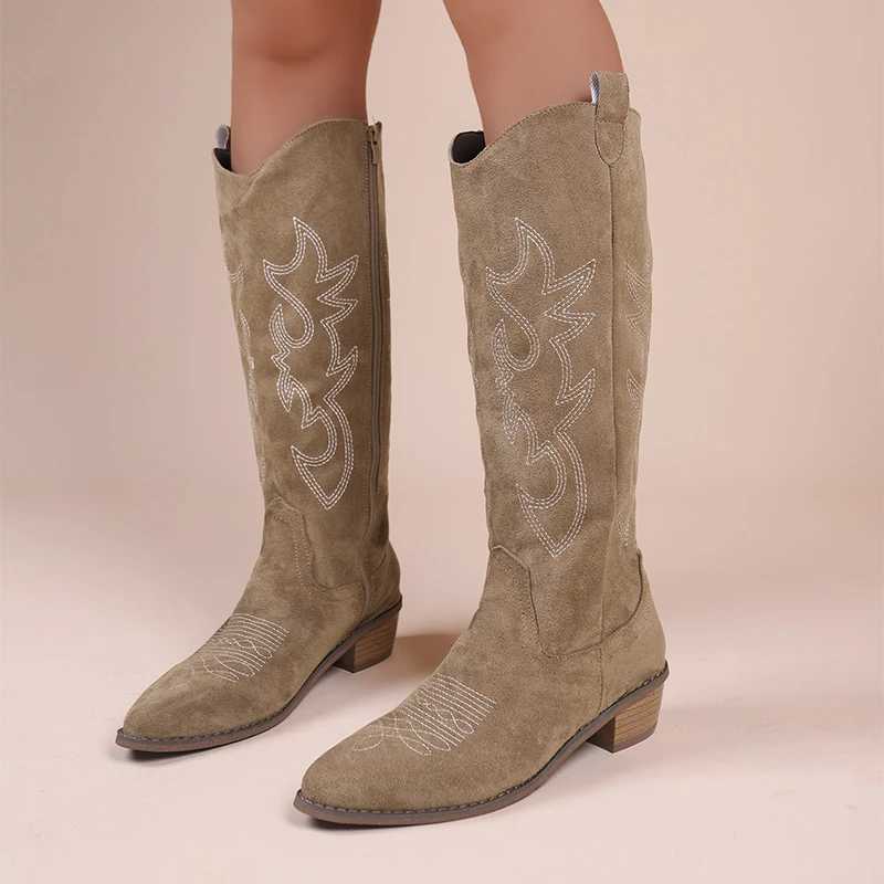 Embroidered Western Cowboy Boots for Women Autumn Pointed Toe Thick Heel High Knee Boots Woman Loose PU Leather Long Botas Mujer W250811