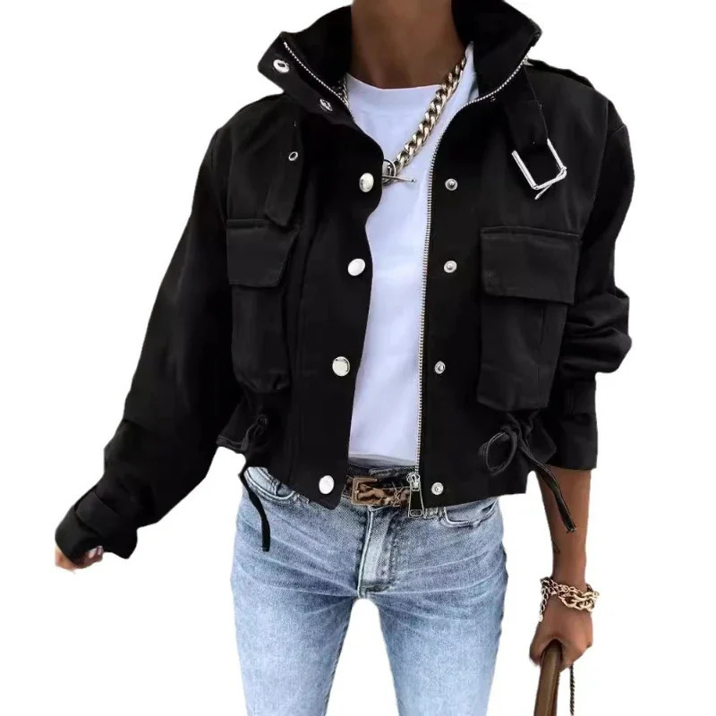 Jackets Women Coats Stand Collar Coat Zipper Print Y2k Tops Streetwear Casual Outerwear Single Breasted Spring Work Jacket 250811