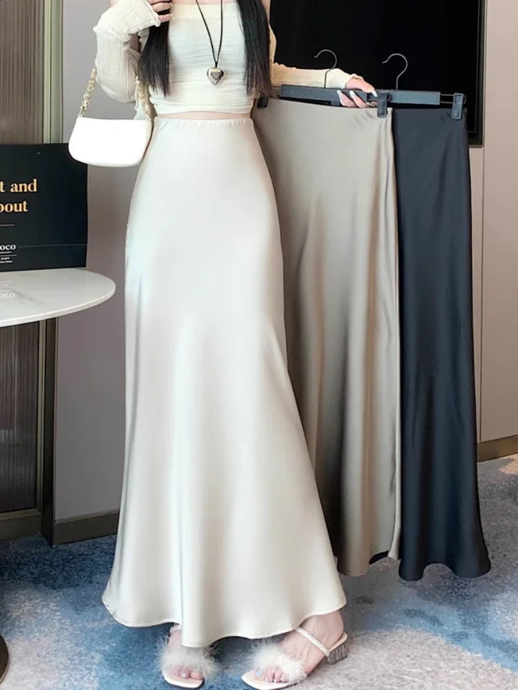 Womens Long Skirt Summer Silk High Waisted Satin Skirt Slim Fashion Korean Solid Champagne Black Midi Skirts for Women 250809
