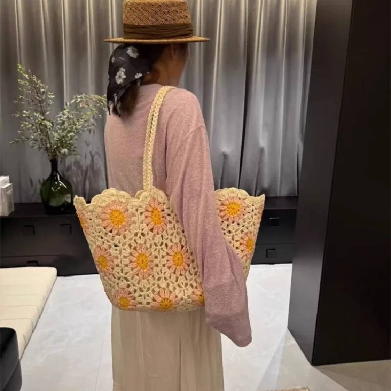 Fashion Vintage Flowers Handmade Knitting Crochet Shoulder Knitted Handbags Tote Women Designer Female Hand Bag high-quality