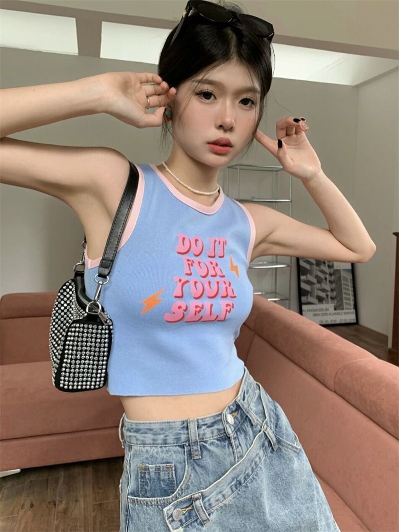 French Chic Small Camisole For Women Summer Hot Girl Outerwear Color Block Slim High Waist Crop Top Sleeveless BM Top