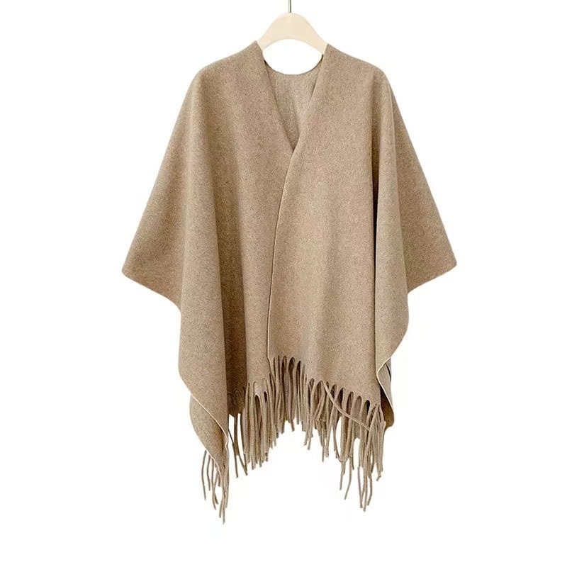 K1630 Cross-border high-end women's solid color imitation cashmere shawl spring and autumn style tassel large cape outer wear cloak manufacturer 