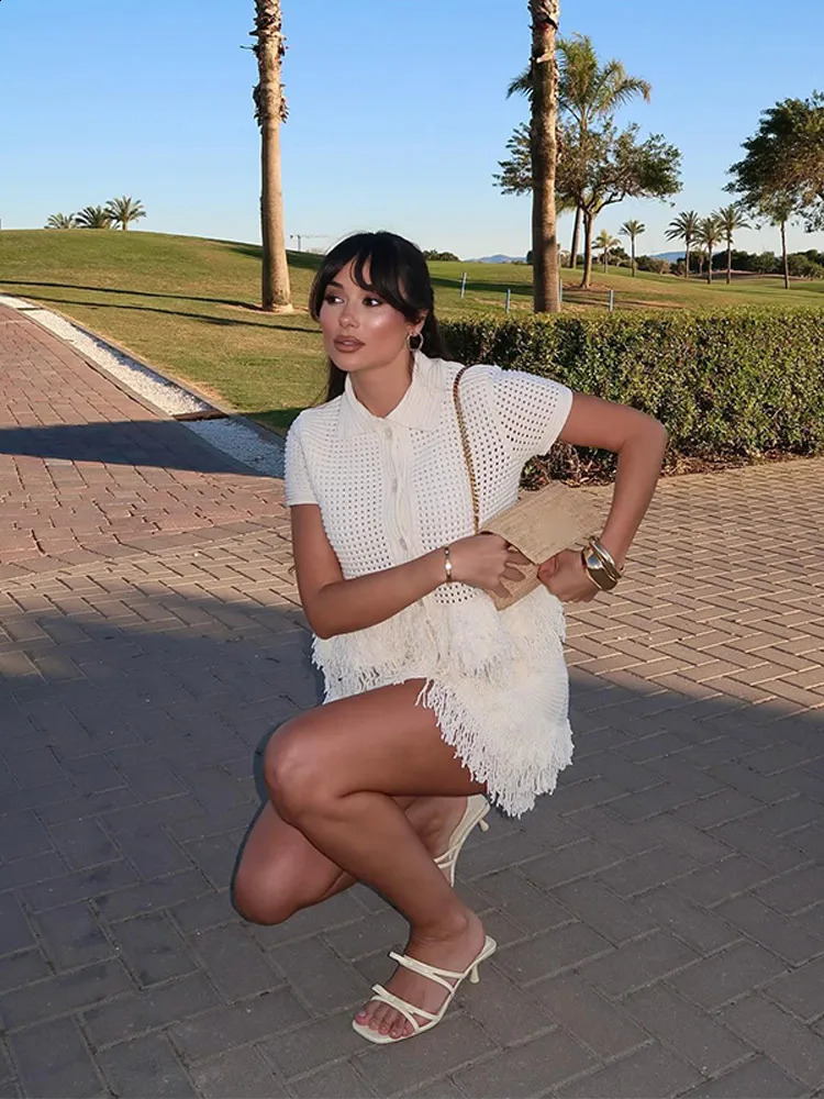 Elegant Women Knit Tassel Cardigan Skirt Sets Hollow Out Lapel Half Sleeve Top Pleated Mini Skirts 2025 Summer Lady 2 Piece Set 250811