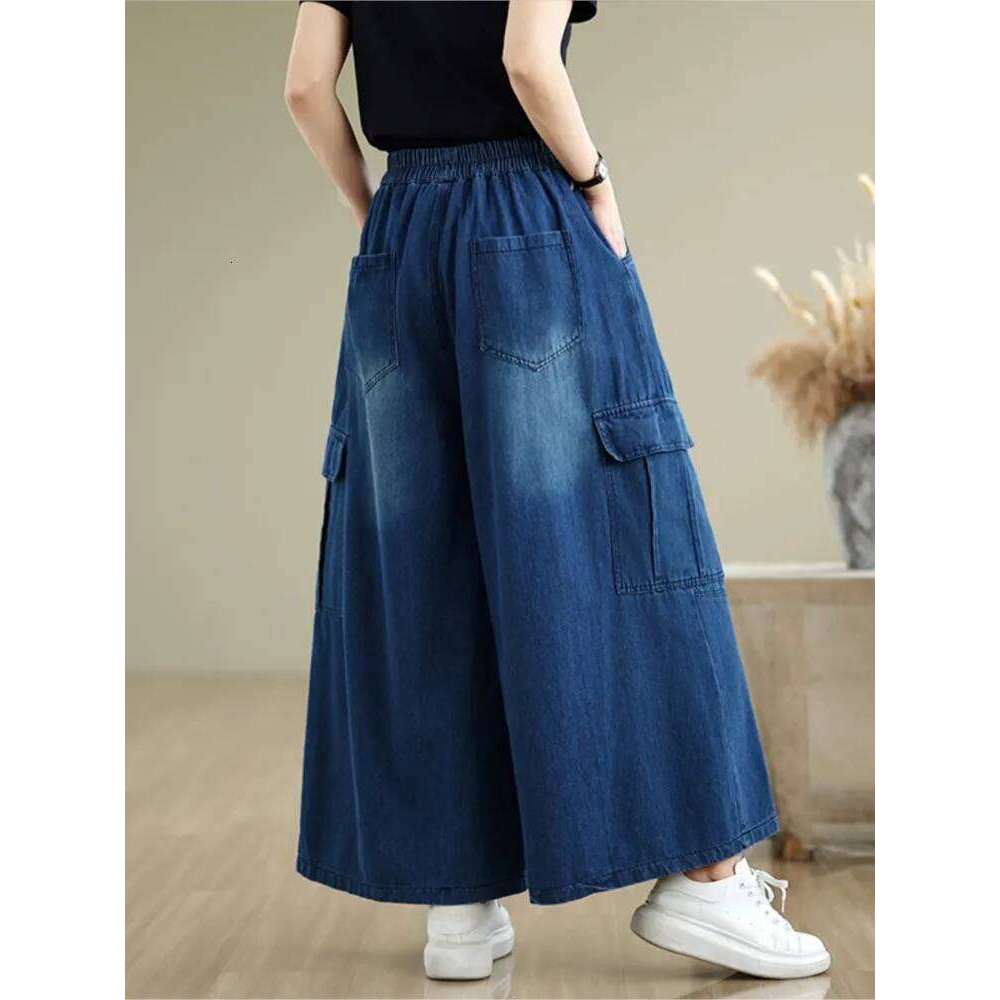 Oversized Jeans Retro Spring Summer Wide Leg Women Loose Pleated Modis Elastic High Waist Ladies Trousers Casual Woman Pant