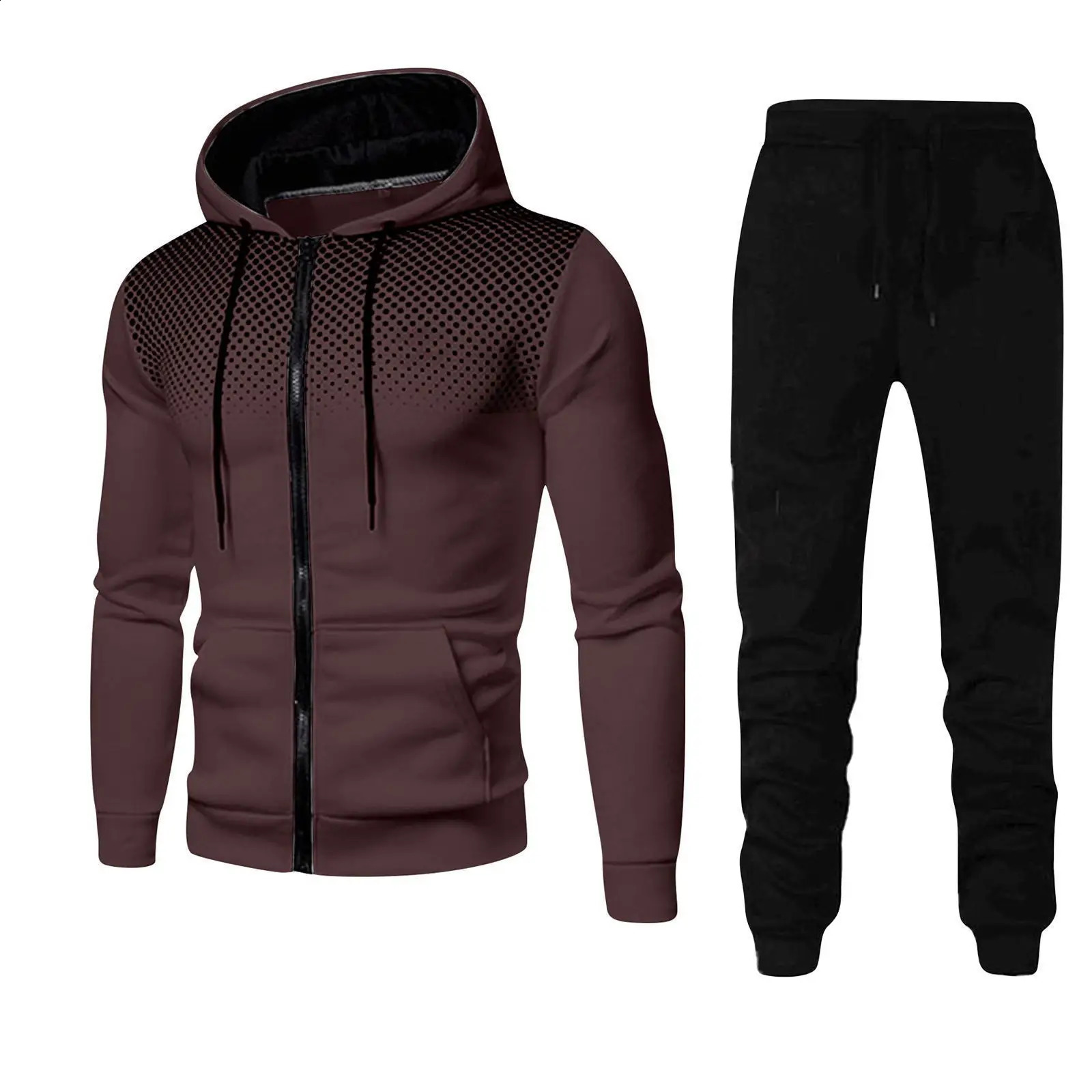 Autumn and Winter Mens Sports Set Outdoor Fashion Running Training Clothing Wave Dot Printed Zipper Hoodie Two Piece Set 250809