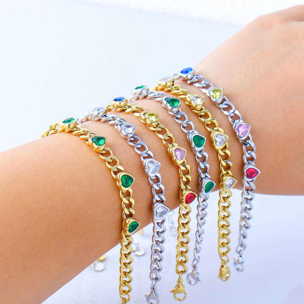Stainless Steel Emerald Zircon Heart Fashionable Elegant Jewelry Colorful Korean Style Couple Bracelet