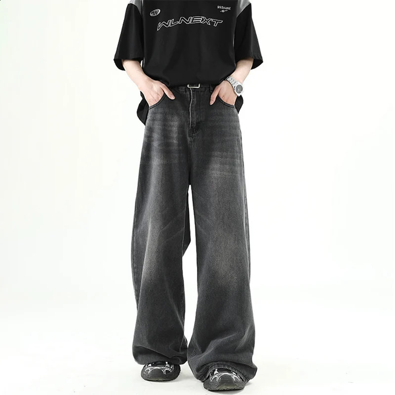 Men Denim Pants Old Blue Washed Male Jeans Straight Casual Menwear Loose Wide Leg Trousers Fashion Korean High Street Denim 250805