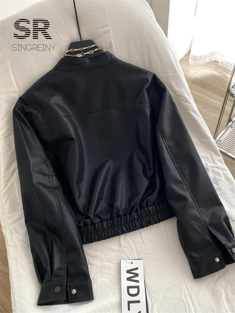 SINGREINY Streetwear PU Leather Cropped Jacket Long Sleeves Zipper Pocket n Women Chic Loose Trendy Autumn Overcoat 250809