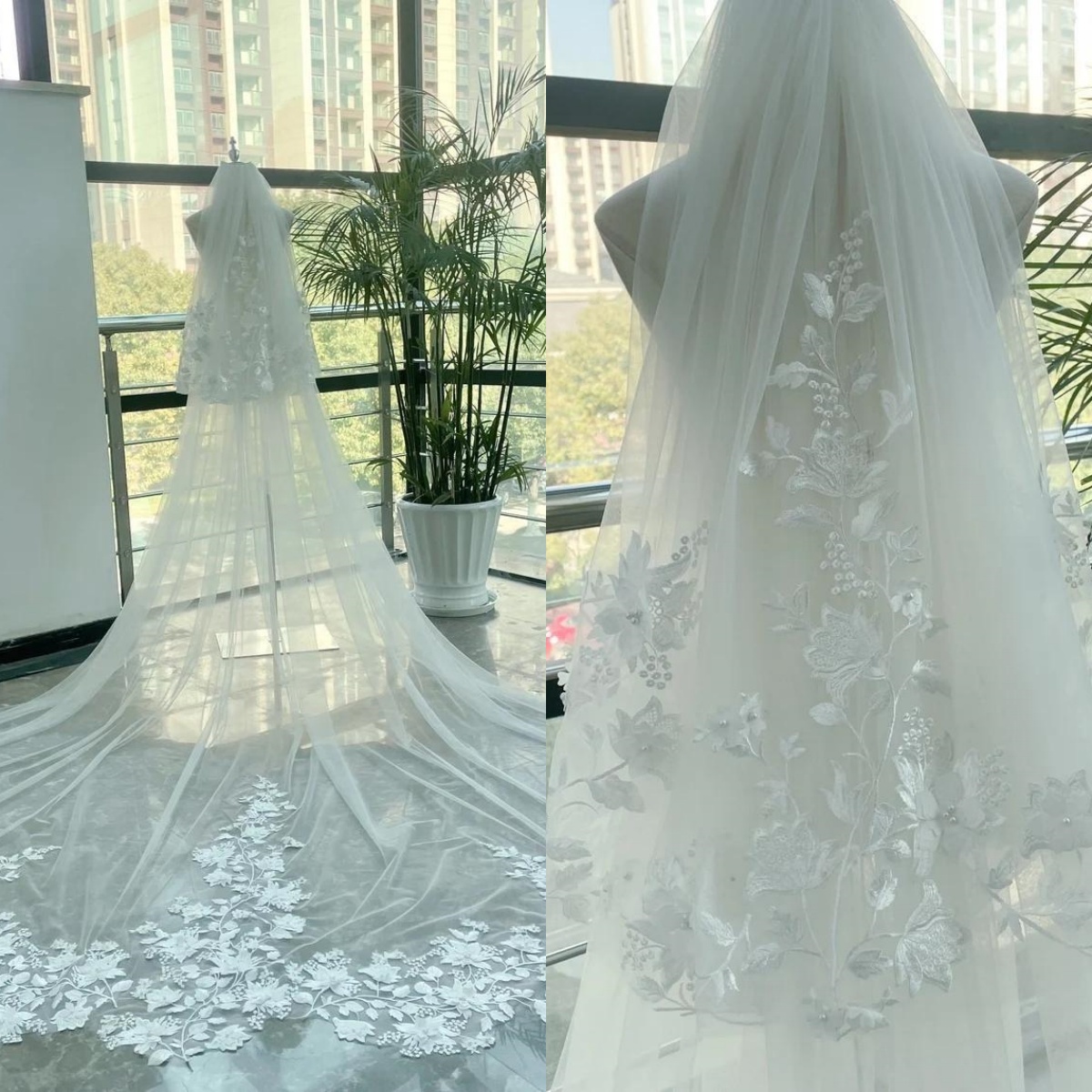 Gorgeous Two Layer Wedding Veils Appliques Edge Long Cathedral Length With Comb Veils Wedding Accessories