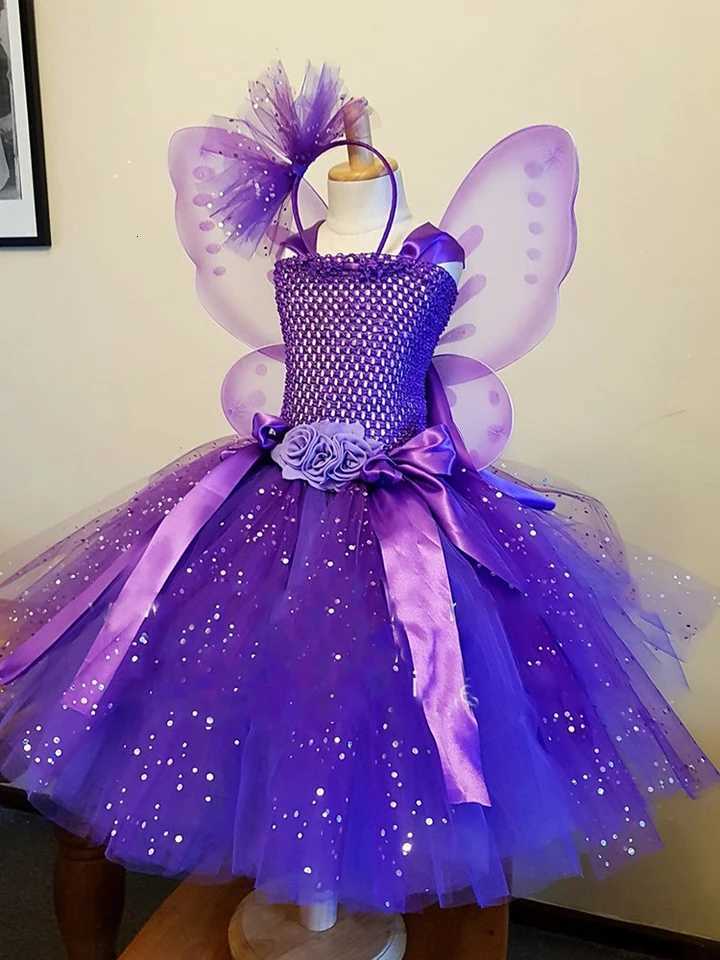 Girls Purple Butterfly Flower Tutu Dress Kids Glitter Tulle Dress Ball Gown with Wings Children Birthday Party Costume Dresses W250811