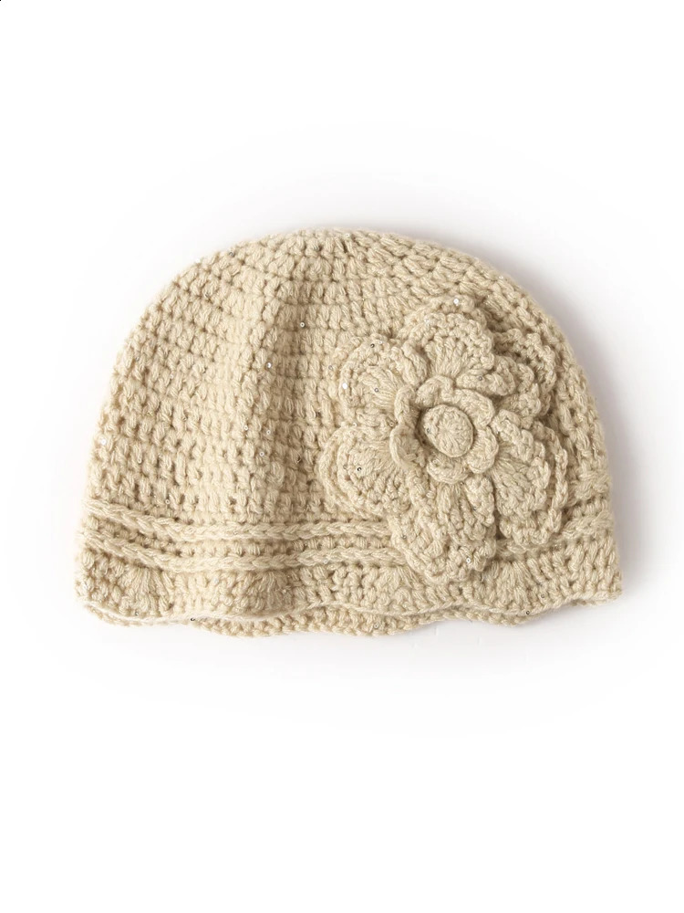 100 Cashmere Handmade Openwork Beanie Hat with Sequin Women Hand Crochet Flower Casual Hat Warm Soft Elegant Lady Knit Cap 250805