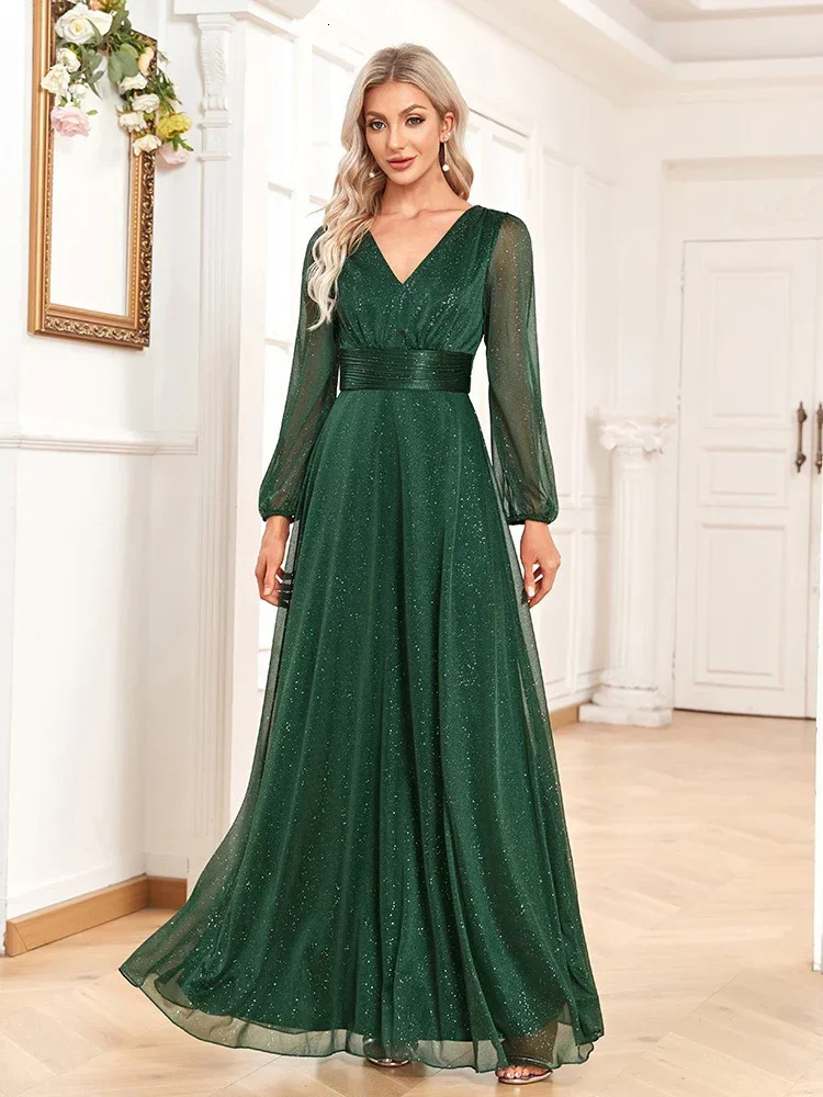 Womens Elegant V Neck Shiny Chiffon Evening Gown A Line Long Sleeve Wedding Bridesmaid Dress Party Dresses Women 250811