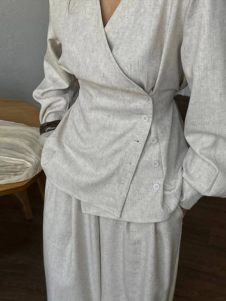 Elegant Vneck Shirt Pants Set Women Slim Button Long Sleeve Top Wide Leg Trousers Lady Suit Casual Chic Female Outfits 250811