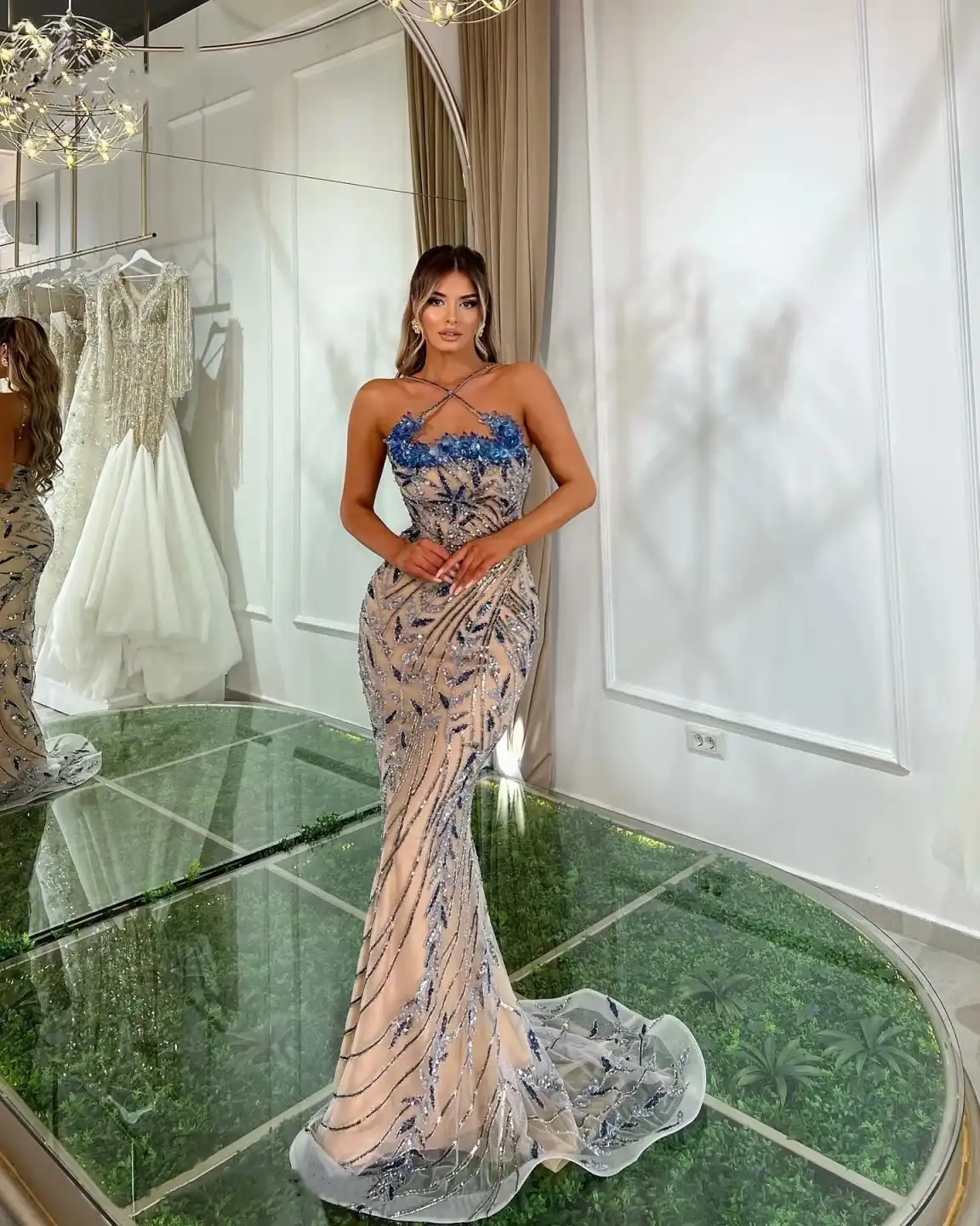 Sexy Prom Dress Sequins Spaghetti Straps Shine Crystals Evening Gowns Ground Dresses Sleeveless Robe De Soiree vestido de novia Size Customized