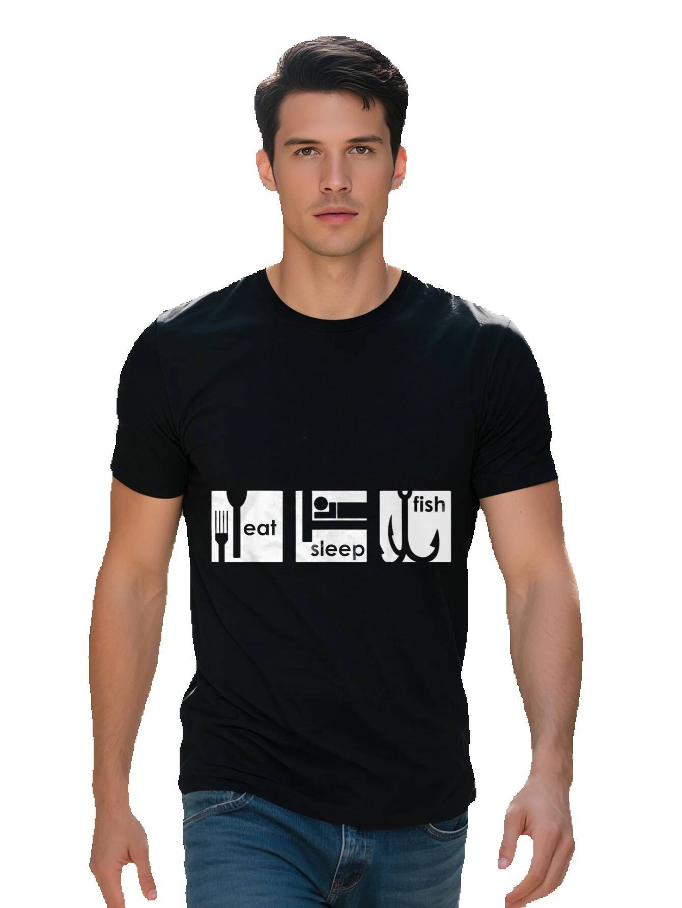 Men s Eat Sleep Fish Graphic T Shirt g Cotton Casual Short Sleeve Tee with Fishing Hook Rod Design 34d05 c1136