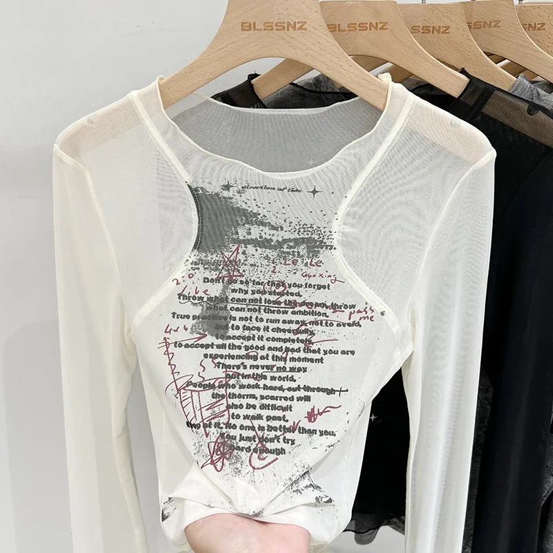 Summer Round Neck Transparent Bottom Shirts Tops Mesh See Through Womens Long Sleeve Seamless Top Print Blouses 250811