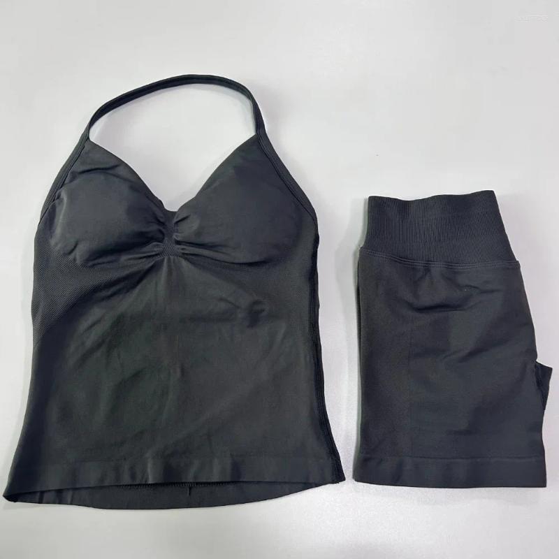 Women's Tracksuits Gym Set Women Two Piece Backless Tank Tops High Waist Scrunch Seamless Shorts Sport Suit Sportswear Workout