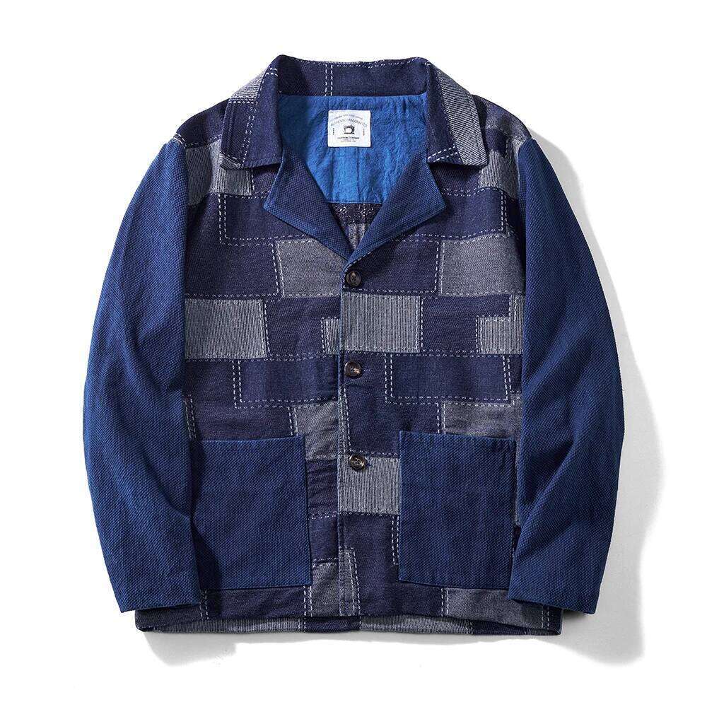 Designer Clothing 2025 Vintage Indigo Men Autumn Winter New Blue Dyed Panel Denim Jacket Multi-Pocket Single Breasted Loose Casual Blazer Coat