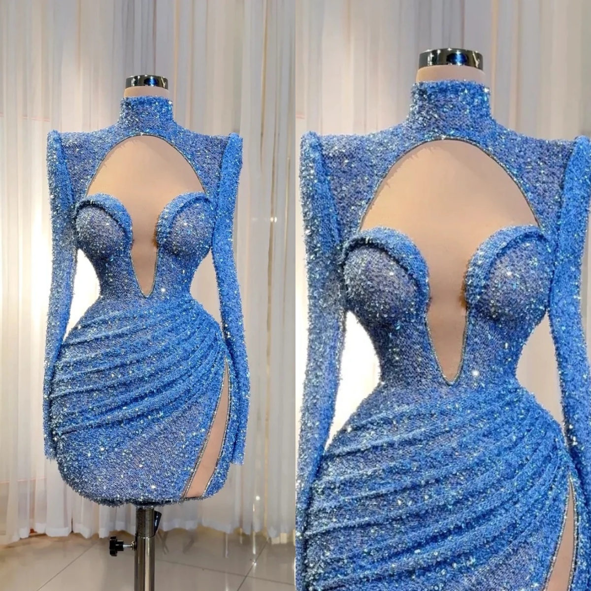 Fashion Mini Evening Dresses Sequins Gown High Neck Long Sleeves Short Dress Evening Party Customized Dress