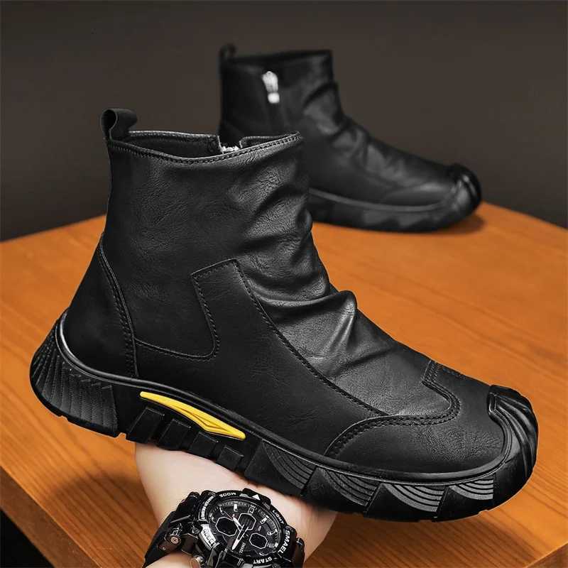 Men Chelsea Boots Slip-on Waterproof Ankle Boots Retro Black Men Fashion Boots Motorcycle Shoes Plus Size 2024 W250811