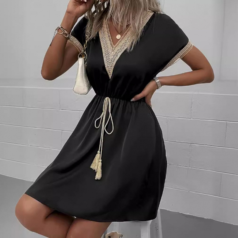 L83New summer European and American cross-border foreign trade spring and summer solid color short-sleeved lace V-neck waist dress