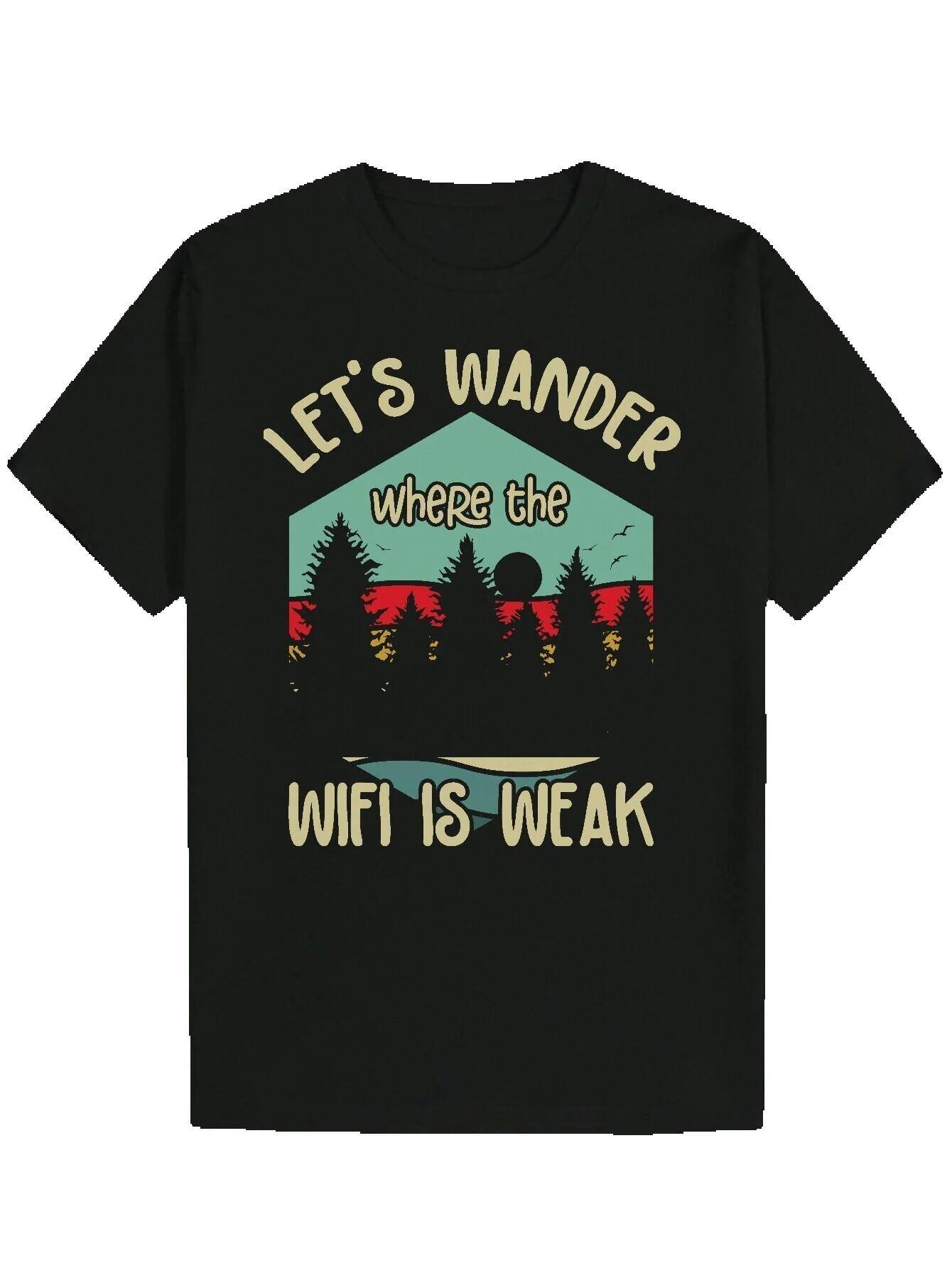 Men's Summer Pattern T-Shirt - "Let's Wander Where WiFi Is Weak" Design, Black Polyester Crew Neck T-Shirt, Lightweight and Breath