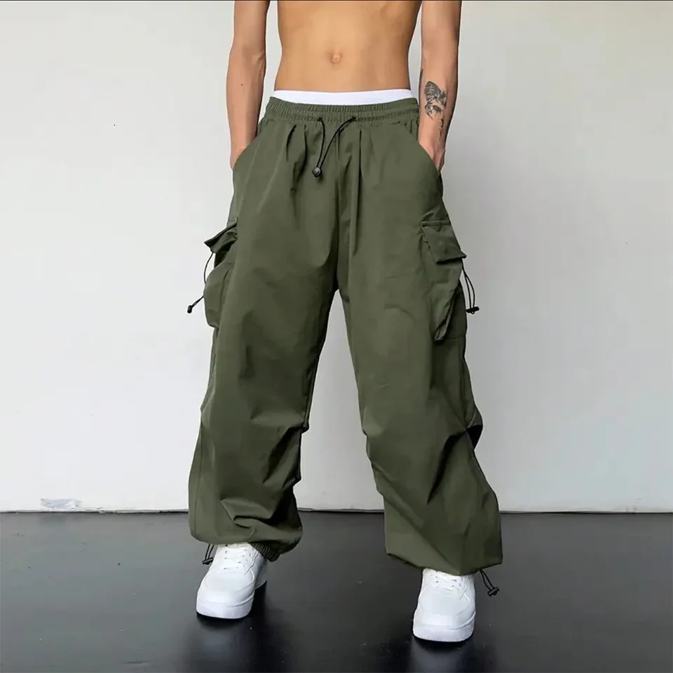 Spring Summer Fashion Casual Pans For Men Streetwear Solid Color Cargo Pants Elastic Waist Wide Leg Harajuku Casual Mens Jogger 250811