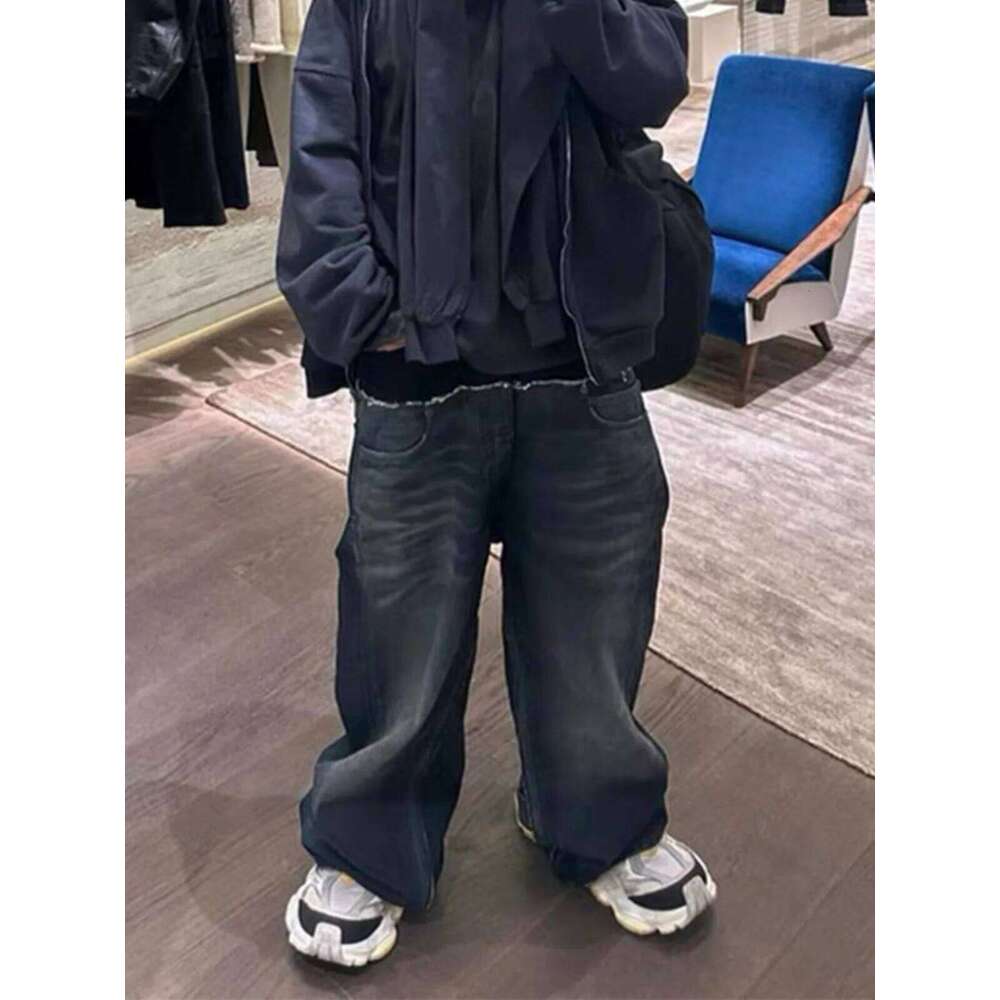 MIJKO Men's Women's Cotton Casual Black Blue Loose Straight Jean CUT-UP Pants