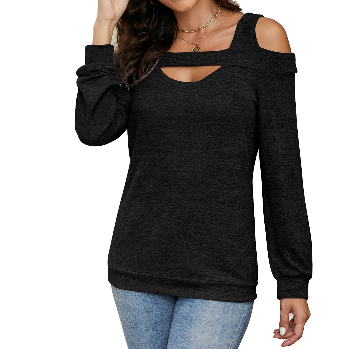 2025 Off-Shoulder Hollow Out Round Neck Solid Color Long Sleeve Loose Top Women's T-Shirt
