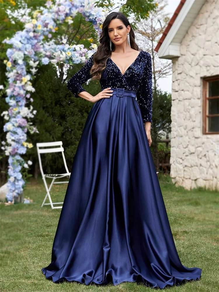 Lucyinlove y Long Sleeve VNeck Satin Formal Evening Dresses Elegant Wedding Party Sequins Women Prom Cocktail Gowns 250811