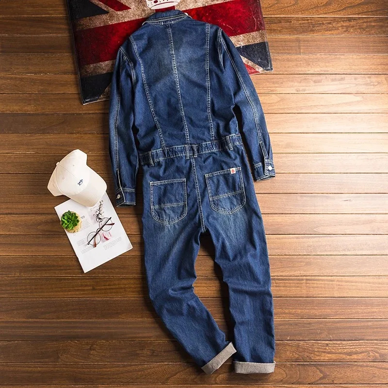 Men Denim Jumpsuits Loose Pockets Long Sleeve Overalls Lapel Collar Cargo Jeans Working Clothing 250729
