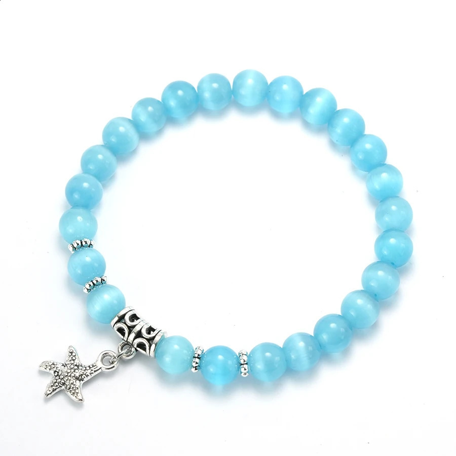 Trendy Starfish Pendant Opal Bracelet Women 8mm Natural Shiny Cat Eyes Stone Elastic Braslet Beach Leisure Girlfriend Gift Joias 250805