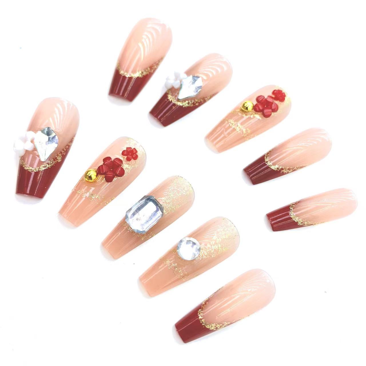 Handmade Fake Nails 24pcs Long Coffin Nude Burgundy Glitter French Tip Nail Art with Flowers Rhinestones Full Cover press on nails