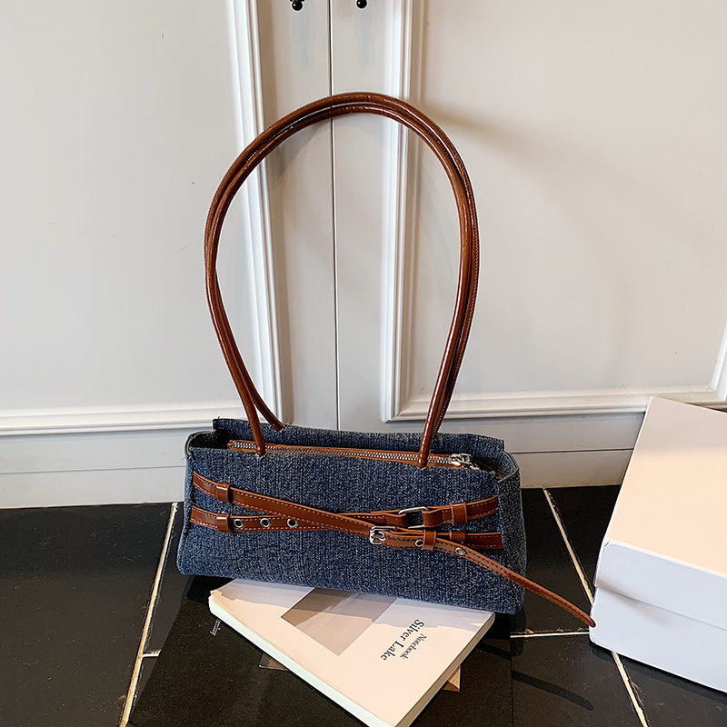PU Denim Underarm High-End Color-Block Baguette 2025 New Korean Style Casual Niche Shoulder Bag ddmymoon