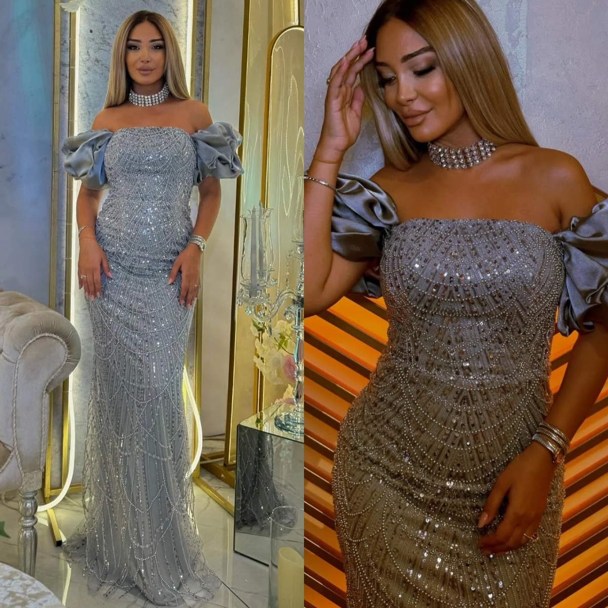 Fancy Sequins Evening Dresses Off Shoulder Prom Gowns Beading Sweep Train Princess Customized Party Dresses Vestidos de noche Plus Size