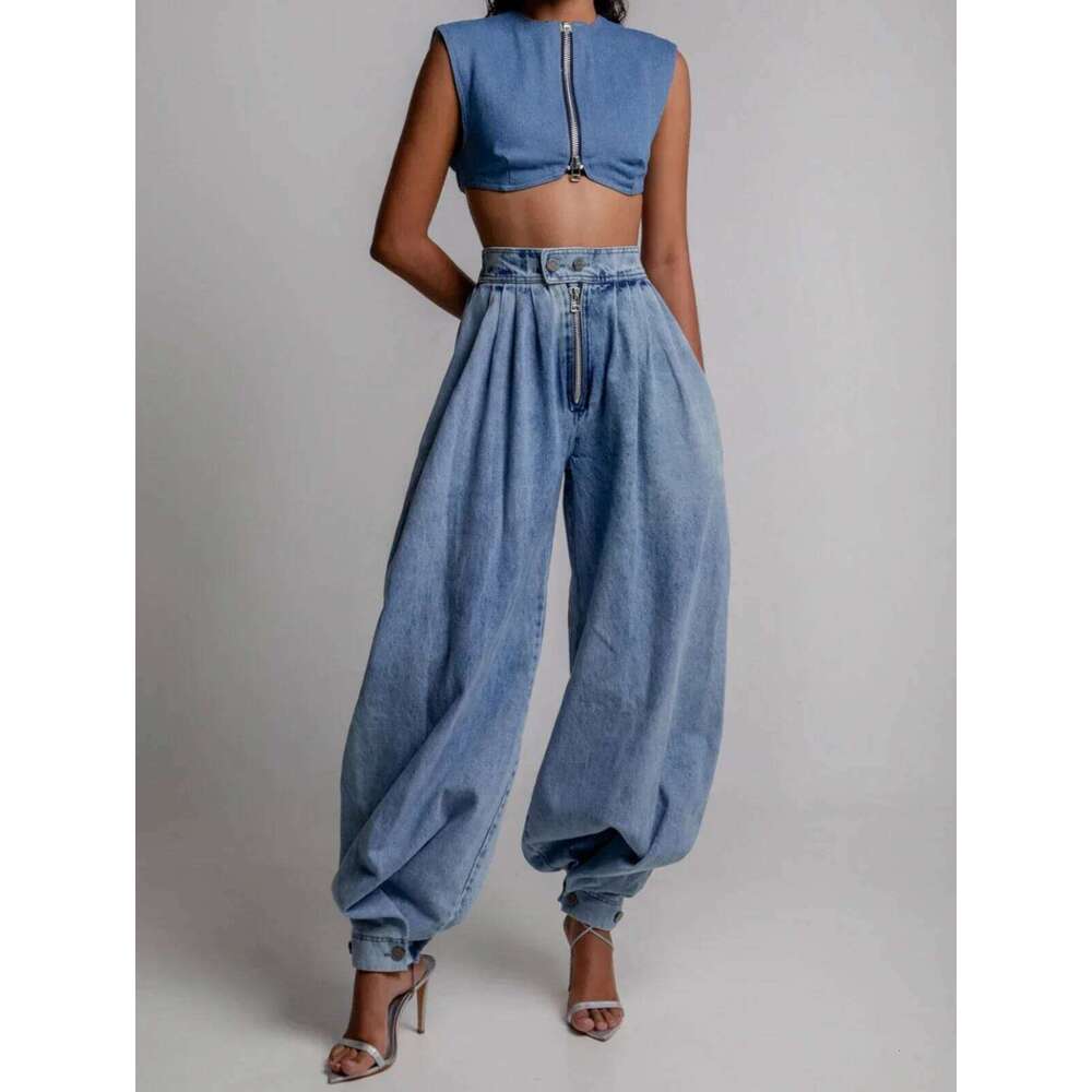 Women Spring High Waist Zipper Loose Harem Trousers Jeans Female Vintage Balloon Ladies Casual Denim Pants
