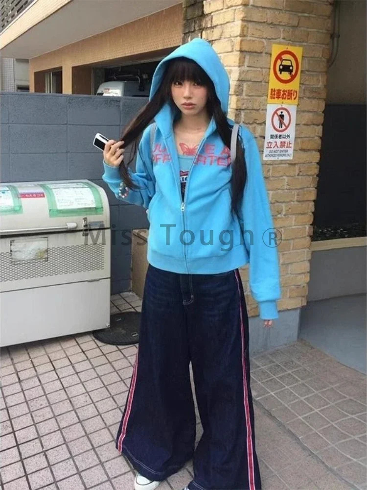 American Hooded Sweet Sweatshirt Women Chic Letter Print Blue Zipper Cardigan Jacket Y2k Casual Loose Tops Streetwear 250804