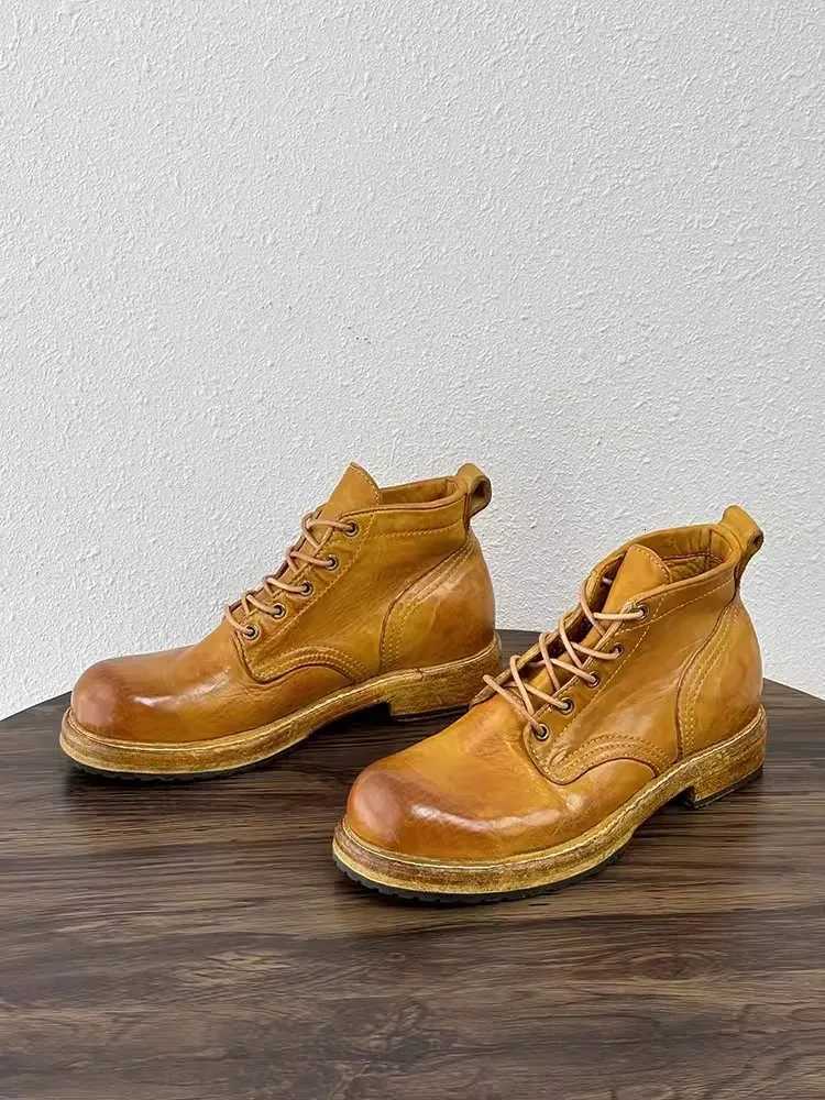 Handmade Vintage Horsehide Genuine Leather Boots Men High Top Work Cargo Shoes Casual High Street Mens Motorcycle Short Boots W250811