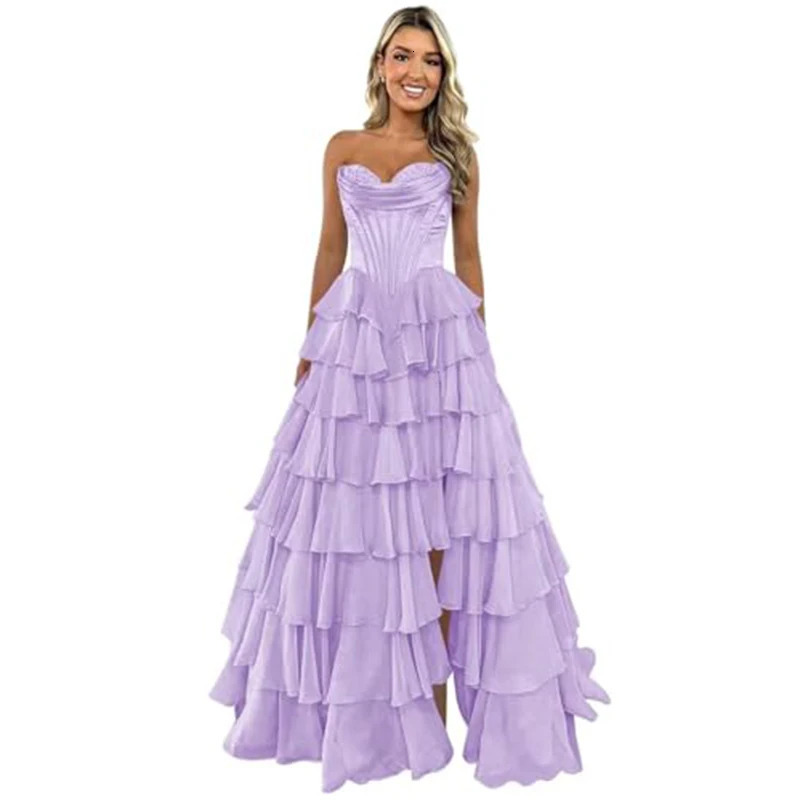 Side Slit Chiffon Prom Dress for Party Aline Puffy Ball Gown Floor Length Sleeveless Tiered Sweetheart Evening 250811